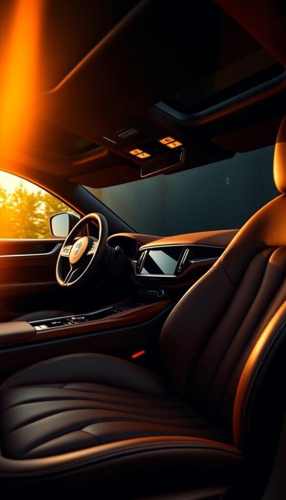 A luxurious Maserati Levante interior, bathed in warm, golden light. Exquisite leather upholstery in a rich, chocolate hue, meticulously stitched with precision. Elegant wood accents, polished to a gleam, complement the cabin's premium feel. Soft-touch materials line the dashboard, creating a tactile, high-end experience. Subtle ambient lighting casts a subtle glow, highlighting the intricate details of the craftsmanship. The center console features a sleek, integrated touchscreen, surrounded by brushed metal controls. The steering wheel, wrapped in supple leather, suggests the power and performance that lies beneath. This is a cabin that exudes sophistication, quality, and the unwavering attention to detail that defines Maserati's renowned luxury.