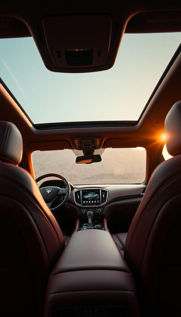 A luxurious Maserati Levante interior, personalized through the Fuoriserie program. A warm, soft-lit cabin with premium, handcrafted leather upholstery in a rich, burgundy hue. Elegant, brushed aluminum accents and precision-stitched details evoke a sense of bespoke craftsmanship. The driver's cockpit features a sleek, digital instrument cluster and a polished, wood-trimmed steering wheel. Ambient lighting casts a gentle glow, creating an immersive, high-end ambiance. The panoramic sunroof fills the space with natural light, illuminating the premium materials and artisanal finishes that define the Levante's custom-tailored interior.