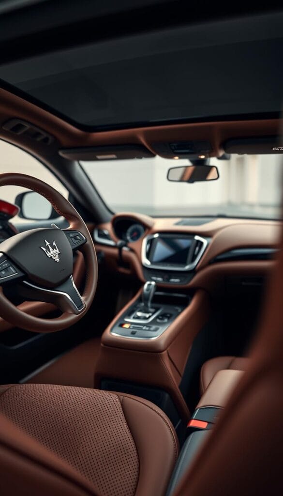 A luxurious Maserati Levante interior, showcasing premium material customization options. The foreground features a close-up view of the leather-wrapped steering wheel, with intricate stitching and a polished Maserati emblem. The middle ground reveals the sleek, contoured dashboard, accented with brushed aluminum trim and a large, high-resolution display. In the background, the plush, perforated leather seating surfaces in a rich, warm color palette blend seamlessly with the refined, muted tone of the cabin. Subtle ambient lighting casts a soft, inviting glow, creating an atmosphere of elevated sophistication and attention to detail.