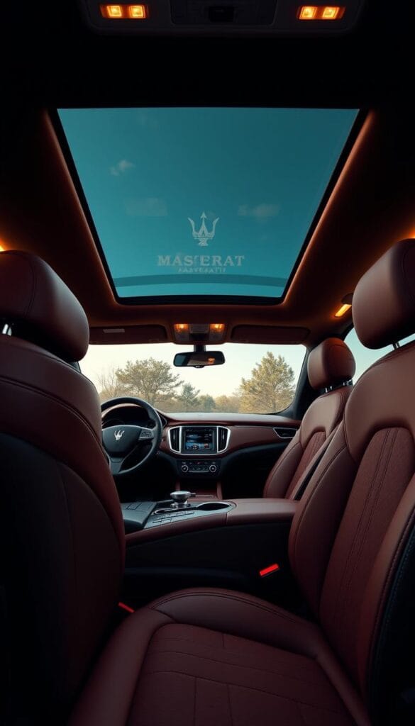 A luxurious Maserati Levante interior with premium hand-stitched leather upholstery in a rich mahogany hue. The supple leather wraps the contoured seats, dashboard, and door panels, creating a cohesive and tactile experience. Warm ambient lighting casts a gentle glow, highlighting the elegant stitching and refined textures. The center console features sleek brushed aluminum accents, complementing the high-quality materials. A wide, unobstructed view through the panoramic windshield allows natural light to flood the cabin, lending an airy and sophisticated atmosphere. The overall design exudes a sense of craftsmanship, exclusivity, and attention to detail that is synonymous with the Maserati brand.