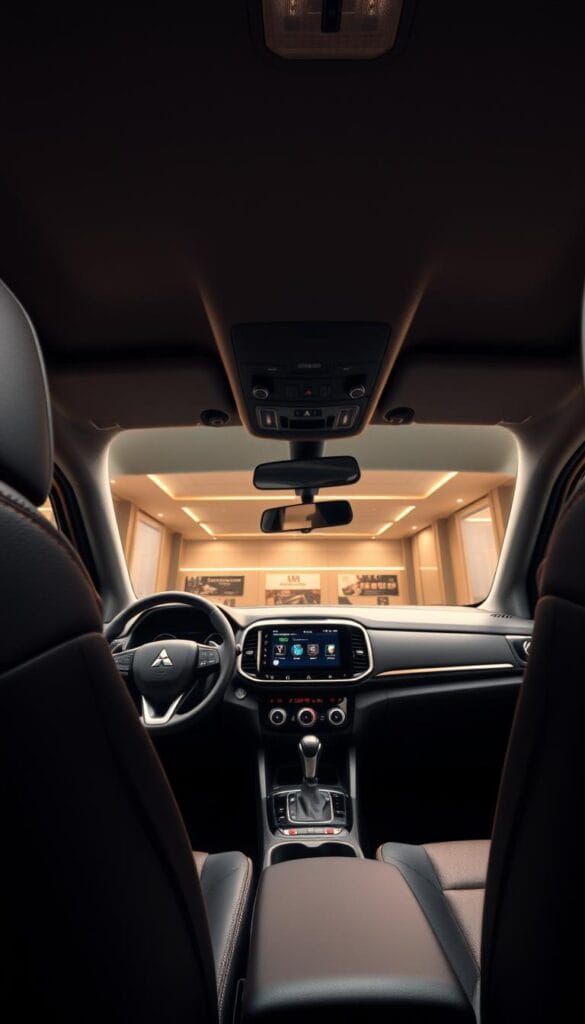 A luxurious Mitsubishi ASX interior with premium materials and finishes. In the foreground, a close-up view of the dashboard showcases high-quality leather upholstery, intricate stitching, and a sleek, minimalist design. The middle ground reveals the center console adorned with brushed metallic accents and a large, responsive touchscreen display. In the background, the spacious cabin is filled with ambient lighting, creating a warm and inviting atmosphere. The scene is captured with a wide-angle lens, highlighting the attention to detail and the overall opulent feel of the vehicle's interior.