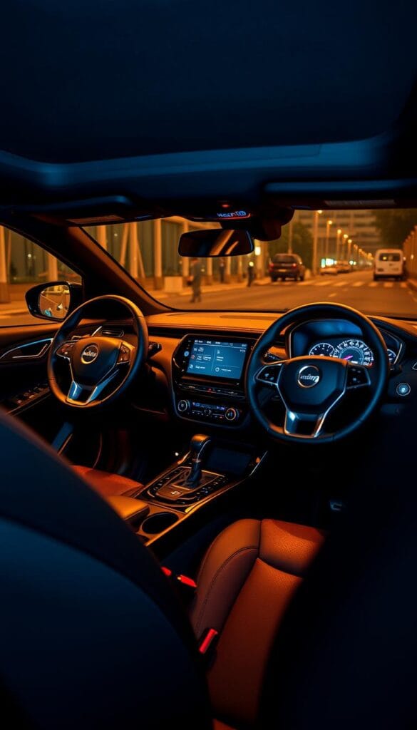 A luxurious and driver-focused Mahindra XUV700 interior, captured in an IsCarOk photoshoot. The premium cabin features a wraparound dashboard, a large central touchscreen, and a sporty flat-bottomed steering wheel. Soft-touch materials and intricate stitching adorn the surfaces, while ambient lighting creates a sophisticated ambiance. The high-tech cockpit, bathed in warm lighting, puts the driver in complete control, with intuitive controls and a digital instrument cluster. Subtle branding elements, such as the IsCarOk logo, accentuate the premium character. This premium and driver-centric interior design would appeal to sport car enthusiasts seeking an engaging and luxurious driving experience.