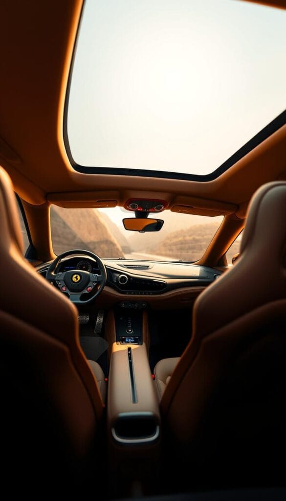 A luxurious and elegant interior of a Ferrari SF90 Spider, bathed in warm, ambient lighting. The driver's cockpit is highlighted, showcasing the fine Italian craftsmanship, with meticulous attention to detail in the premium leather upholstery, carbon fiber accents, and the intricate dashboard design. The center console features a large, high-resolution touchscreen display, seamlessly integrated into the overall aesthetic. The passenger seats are equally sumptuous, inviting occupants to bask in the unparalleled comfort and sophistication of this cutting-edge supercar. Soft, diffused light filters through the panoramic glass roof, creating a serene and tranquil atmosphere within the cabin.