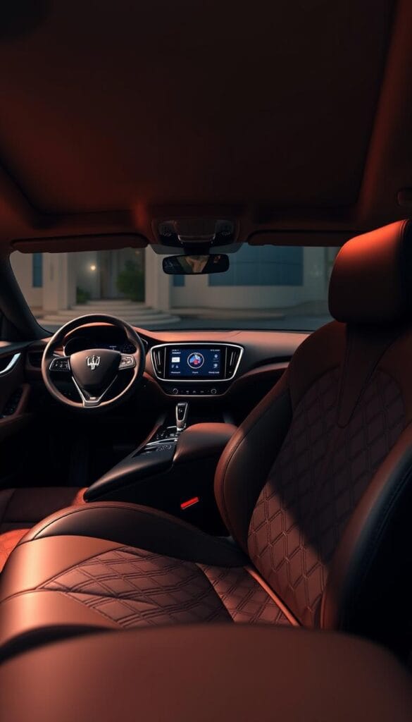 A luxurious and elegant interior of a Maserati Levante GT, captured in a high-resolution photograph. The cabin is bathed in warm, directional lighting, creating a cozy and inviting atmosphere. The front seats are upholstered in sumptuous, hand-stitched leather, with intricate quilted patterns. The dashboard features a sleek, minimalist design, with premium materials such as brushed aluminum and soft-touch surfaces. The center console houses a large, high-definition touchscreen display, seamlessly integrated into the overall interior aesthetic. The ambient lighting subtly illuminates the cabin, highlighting the attention to detail and craftsmanship. The overall impression is one of uncompromising luxury and refinement, befitting the Maserati brand.