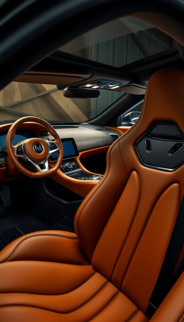 A luxurious and meticulously crafted interior of the Hennessey Venom F5 supercar. The dashboard is adorned with intricate carbon fiber accents, complemented by rich leather upholstery in a warm, earthy tone. The center console features a sleek, high-resolution display seamlessly integrated into the design. The seats are sculpted to provide superior comfort and support, with exquisite stitching detail. Ambient lighting subtly illuminates the cabin, creating a refined and sophisticated atmosphere. The steering wheel is wrapped in supple leather, with brushed aluminum accents that catch the light. The overall impression is one of uncompromising attention to detail and a harmonious blend of technology and craftsmanship.