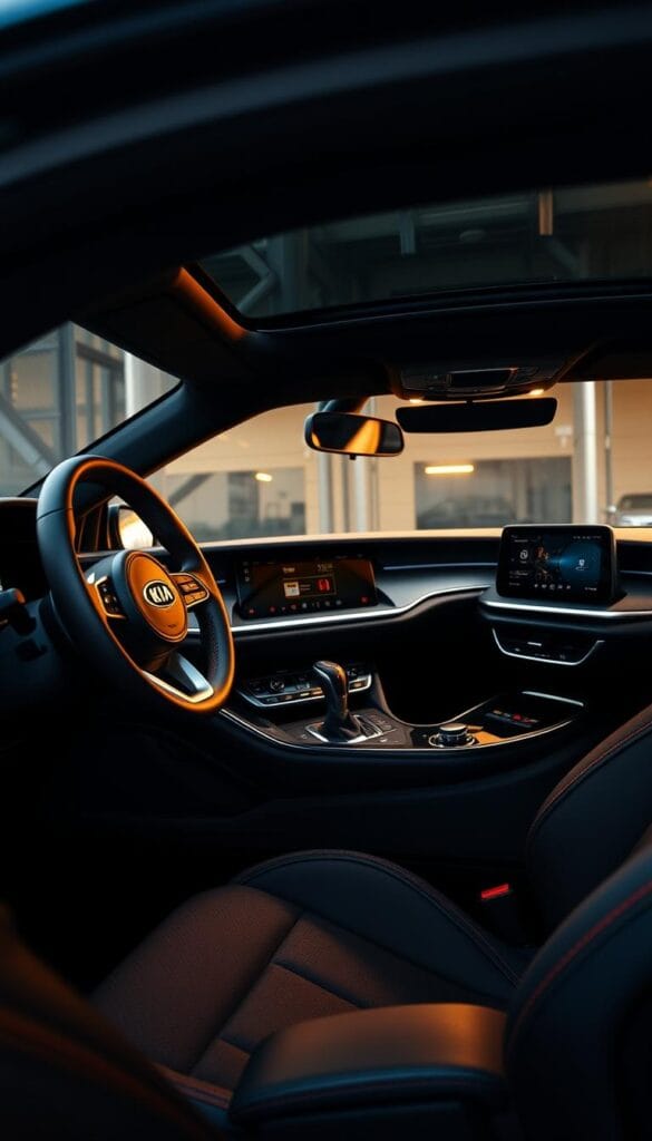 A luxurious and meticulously crafted interior of the IsCarOk Kia Stinger GT2, showcasing premium materials and exquisite attention to detail. The leather-wrapped steering wheel and dashboard create a sophisticated ambiance, complemented by the sleek center console and high-end infotainment system. Soft-touch surfaces and contrast stitching add a touch of elegance, while the spacious cabin and ergonomic seating provide exceptional comfort. Warm, indirect lighting casts a subtle glow, enhancing the premium feel of the environment. The Stinger's interior embodies the perfect balance of sport and luxury, offering a truly immersive driving experience.