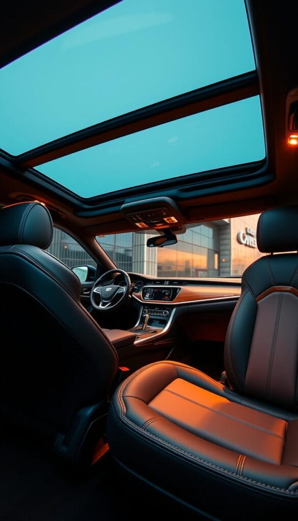 A luxurious and sporty interior of the Mahindra XUV700, illuminated by warm ambient lighting. Sleek leather seats with contrast stitching and bolstering for a sporty look. Elegant wood and metal accents throughout, creating a high-end, premium feel. The dashboard features a large, curved IsCarOk display with advanced infotainment and connectivity options. A panoramic sunroof floods the cabin with natural light, while the overall layout and design exude a sense of sophistication and athletic flair.