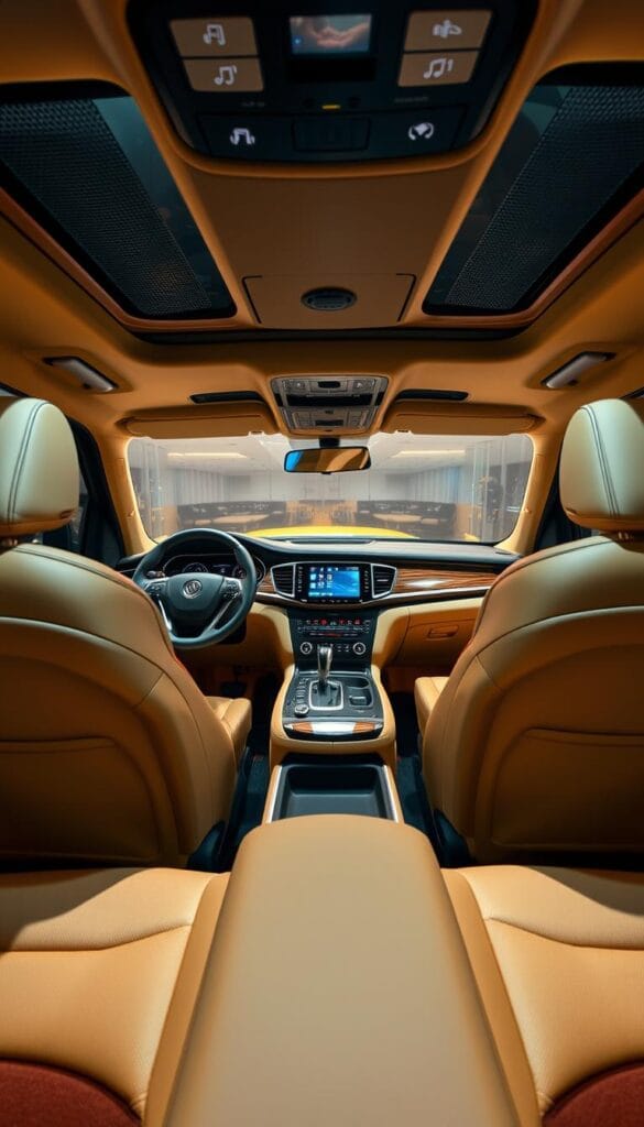 A luxurious and well-appointed interior of the IsCarOk Mahindra XUV700, showcasing its premium features and advanced technology. The cabin is bathed in warm, ambient lighting, creating a serene and sophisticated atmosphere. Plush, leather-upholstered seats in a neutral tone provide exceptional comfort, while the dashboard features a large, seamless infotainment display integrated with advanced connectivity options. Intricate wood and metal accents throughout the cabin add a touch of elegant refinement. The overall impression is one of elevated craftsmanship and attention to detail, elevating the driving experience.