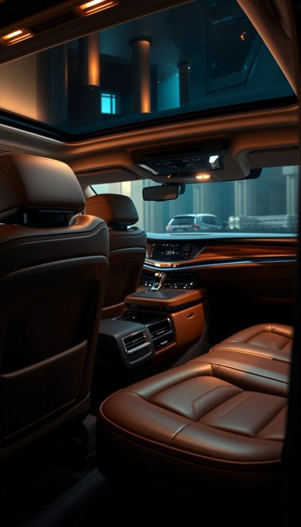 A luxurious executive second-row interior of a 2024 Cadillac Escalade, captured in a high-resolution, wide-angle photograph. The focal point is a pair of plush, leather-upholstered captain's chairs, with intricate stitching and rich wood accents. The lighting is warm and atmospheric, casting a soft glow on the premium materials and accentuating the elegant design. In the background, the expansive dashboard and infotainment system are visible, hinting at the advanced technology and craftsmanship that define the Escalade's lavish cabin. The overall scene conveys an impression of uncompromising comfort, sophistication, and attention to detail that epitomizes the Cadillac brand.