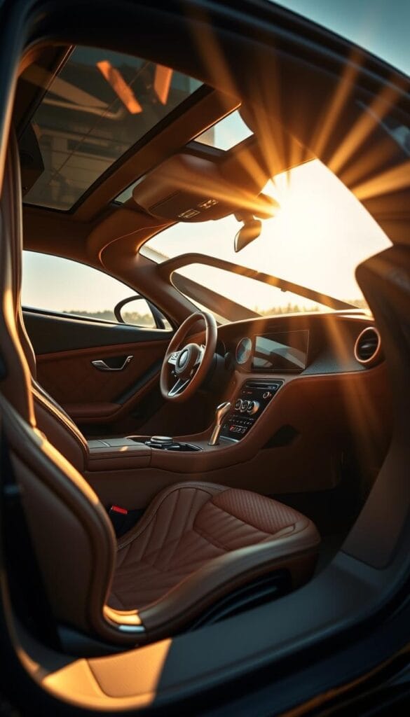 A luxurious, hand-crafted interior of the Hennessey Venom F5 supercar. The cabin is bathed in warm, ambient lighting, casting a golden glow on the finest leather and carbon fiber accents. Intricate stitching patterns adorn the seats, door panels, and dashboard, showcasing the meticulous attention to detail. The steering wheel is wrapped in supple leather, with brushed aluminum controls at the fingertips. Elegant aluminum trim and glossy piano black surfaces add a touch of sophisticated elegance. Rays of light stream through the expansive glass canopy, illuminating the cabin and creating a sense of openness and exclusivity. This bespoke interior exemplifies the pinnacle of automotive craftsmanship and luxury.