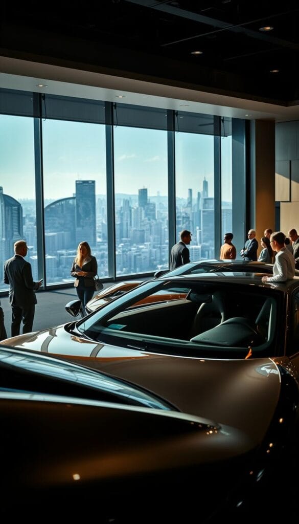 A luxurious high-end showroom with sleek, glossy sports cars prominently displayed in the foreground. Sophisticated clientele inspect the latest models, their faces reflecting the thrill of potential ownership. Dramatic lighting casts long shadows, creating a sense of drama and exclusivity. In the background, a bustling urban skyline sets the scene, hinting at the competitive nature of the luxury car market. The perspective is slightly elevated, offering a panoramic view of the scene. An atmosphere of refined elegance and fierce rivalry permeates the image, capturing the essence of the 2024 luxury car market competition.