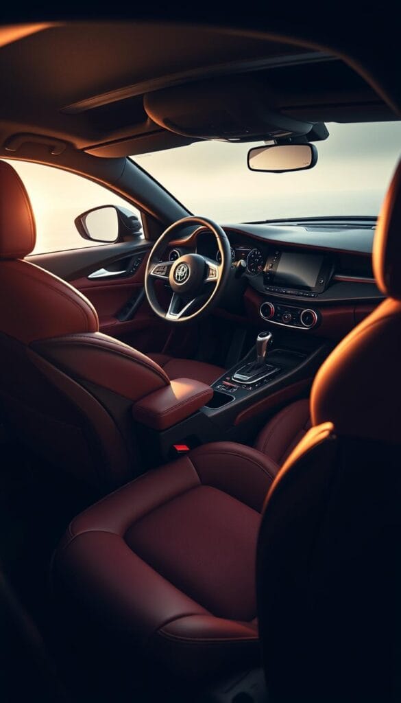 A luxurious, high-performance interior of an Alfa Romeo Stelvio Quadrifoglio, captured in a dramatic studio setting. The cabin is bathed in warm, soft lighting, accentuating the premium materials and meticulous craftsmanship. Supple leather seats with stylish stitching invite the driver, while the sporty yet elegant dashboard features brushed metal accents and a driver-centric layout. The center console houses intuitive controls and a large, high-resolution display. Ambient lighting casts a subtle glow, creating an atmosphere of refined sophistication. The overall impression is one of uncompromising quality and attention to detail, befitting a premium high-performance SUV.