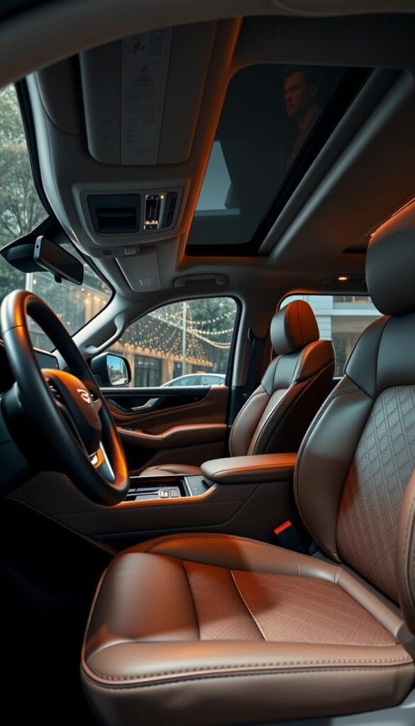 A luxurious interior of a 2025 Cadillac Escalade, captured in exquisite detail. The foreground showcases the supple, leather-wrapped dashboard, accentuated by sleek, brushed metal accents and a large, high-resolution infotainment display. The middle ground features plush, leather-upholstered seats with intricate stitching and power adjustments, providing exceptional comfort and support. In the background, the spacious cabin is bathed in warm, ambient lighting, creating a serene and inviting atmosphere. The overall scene exudes a sense of high-end sophistication and attention to detail that epitomizes the Cadillac Escalade's renowned luxury.