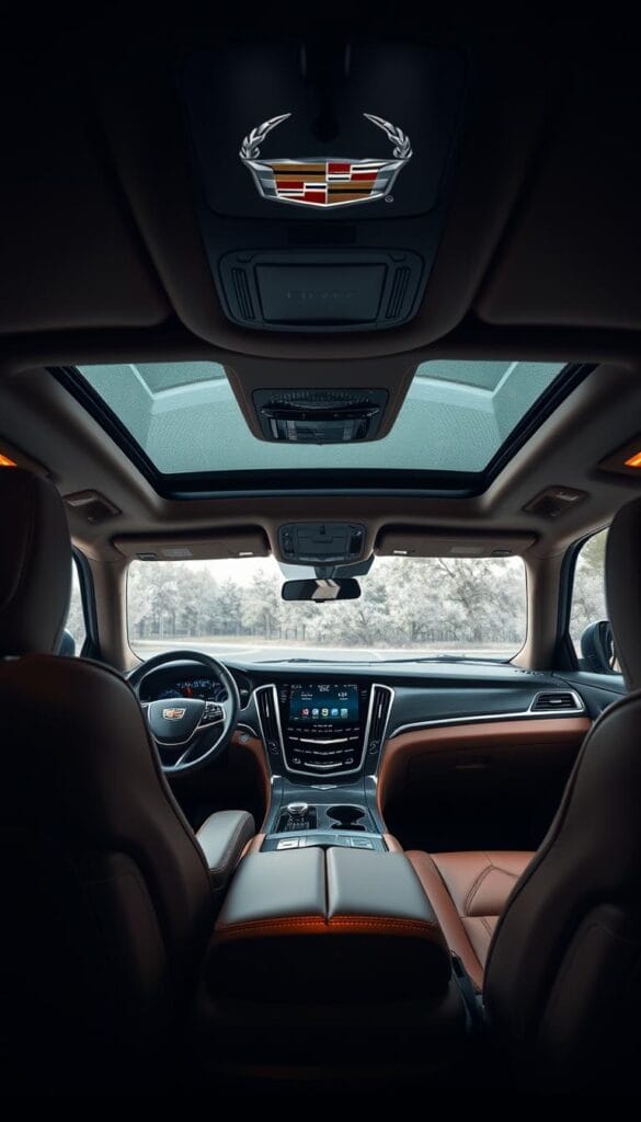 A luxurious interior of a Cadillac Escalade-V, captured in a warm, inviting atmosphere. The cabin is bathed in soft, ambient lighting, highlighting the premium leather upholstery and brushed metal accents. The driver's seat is positioned in a commanding yet comfortable posture, offering a panoramic view through the expansive windshield. The center console features a large, high-resolution infotainment display, seamlessly integrated into the elegant dashboard design. Plush, supportive seating surfaces and intricate stitching patterns create an atmosphere of refined elegance. The overall impression is one of uncompromising luxury, reflecting the Escalade-V's status as a premium, high-performance SUV.