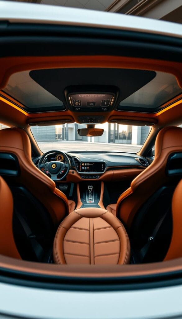 A luxurious interior of a Ferrari SF90 Spider supercar, showcasing its impeccable craftsmanship and advanced technology. The cabin is bathed in a warm, ambient light, highlighting the fine Italian leather upholstery and carbon fiber accents. The driver-centric cockpit features a sleek, high-resolution digital dashboard and a sophisticated touchscreen interface, seamlessly blending form and function. The ergonomic seats provide exceptional comfort and support, inviting the occupants to immerse themselves in the thrilling driving experience. The attention to detail is exquisite, from the precision-engineered controls to the subtle, yet sophisticated, design elements that elevate the overall sense of luxury and exclusivity.