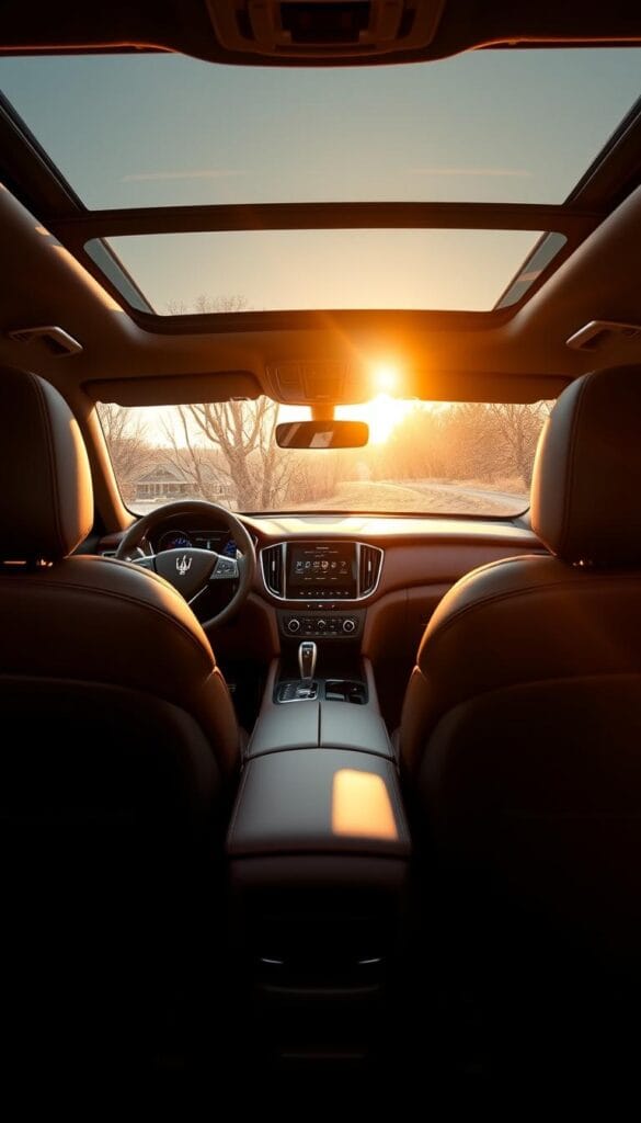 A luxurious interior of a Maserati Levante, bathed in warm, golden light streaming through the panoramic sunroof. The driver's seat is upholstered in rich, supple leather, complemented by polished wood and brushed metal accents. The dashboard features a large, high-resolution digital display, seamlessly integrated with the center console. In the backseat, plush cushions and armrests provide ample comfort for passengers. Ambient lighting subtly illuminates the cabin, creating a cozy and sophisticated atmosphere. The attention to detail is evident in the precise stitching and the gleaming chrome trim, reflecting the Levante's commitment to uncompromising luxury and craftsmanship.