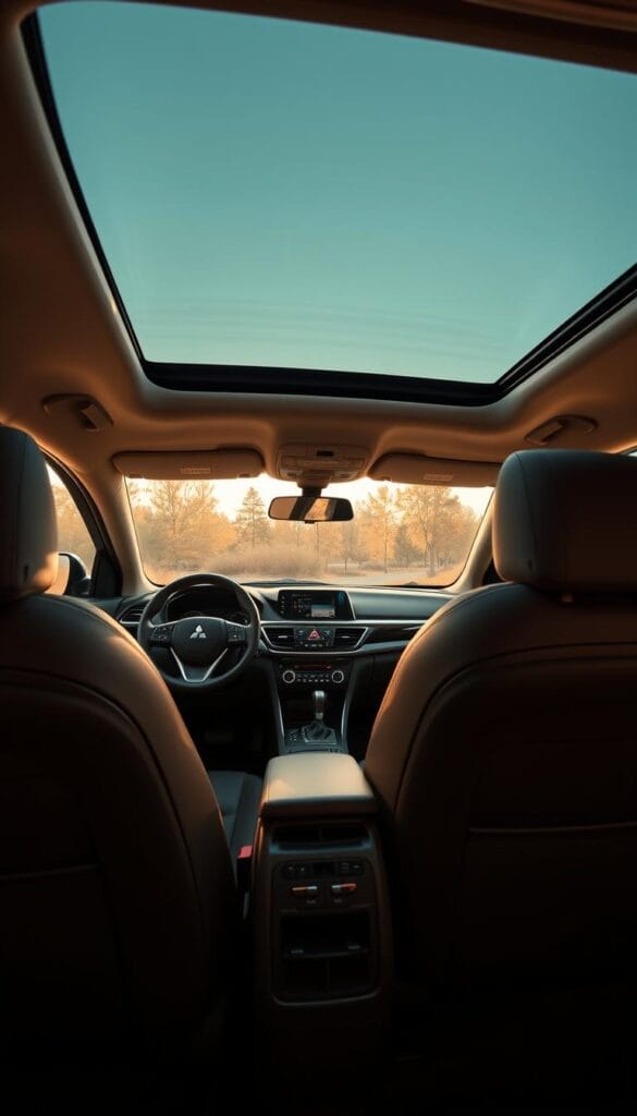 A luxurious interior of a Mitsubishi ASX, bathed in soft, ambient lighting. The dashboard features a sleek, minimalist design with high-end materials like brushed aluminum and premium leather. The dashboard displays a large, high-resolution infotainment screen and advanced climate controls. The front seats are plush and supportive, upholstered in supple, perforated leather. The backseat offers ample legroom and headroom, creating a comfortable passenger experience. A panoramic sunroof allows natural light to flood the cabin, enhancing the sense of space and sophistication. The overall atmosphere is one of refined elegance and attention to detail.