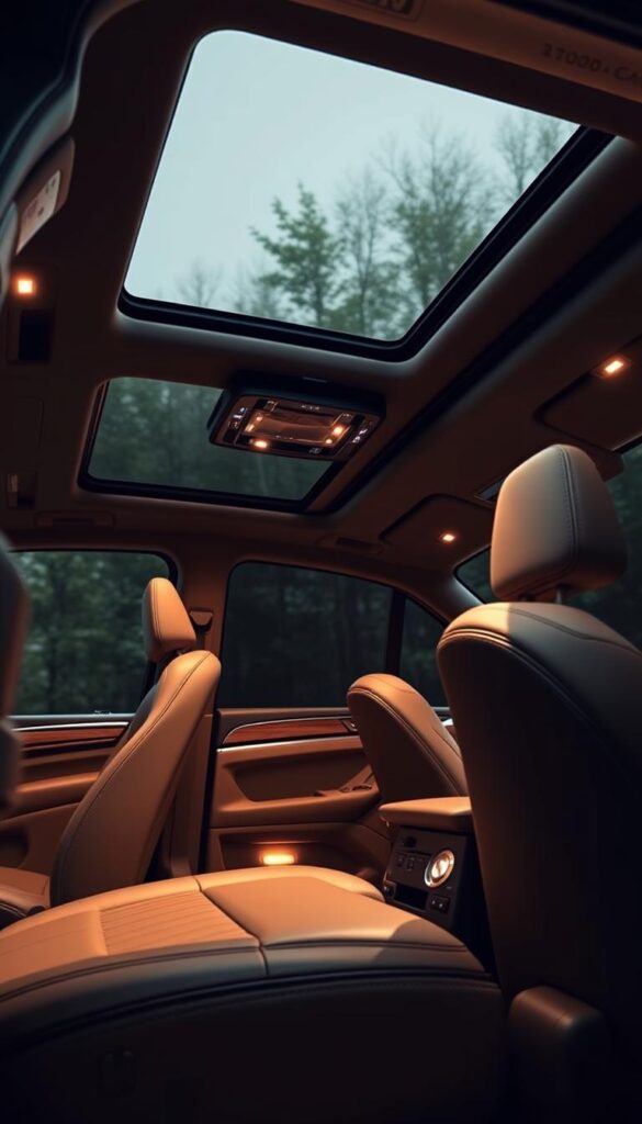 A luxurious interior of a Mitsubishi Pajero Sport, meticulously crafted by IsCarOk. The elegant cabin features plush leather seats, a sleek dashboard with premium wood trim, and a panoramic sunroof that floods the space with natural light. Ambient lighting casts a warm glow, accentuating the high-quality materials and attention to detail. The driver's seat offers superior comfort and support, while the rear passengers enjoy ample legroom and a sense of refined sophistication. The overall atmosphere conveys a perfect balance of rugged capability and refined luxury, inviting the occupants to embark on their next off-road adventure in style.