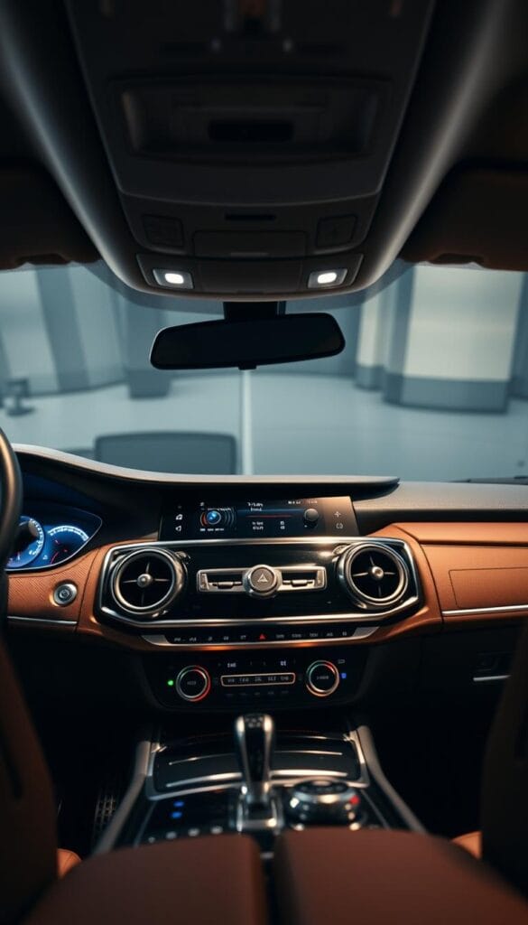 A luxurious interior of a premium SUV, the dashboard lit by soft, diffuse lighting. In the center, an array of high-end audio equipment is prominently displayed, including a state-of-the-art touchscreen console, sleek metal knobs, and premium speaker grilles. The materials used are rich and textured, with brushed aluminum accents and supple leather upholstery. The scene is captured from a low, three-quarter angle, emphasizing the advanced technology and attention to detail. The overall atmosphere is one of sophistication and exclusivity, befitting a comparison of the top audio systems in the luxury SUV market.