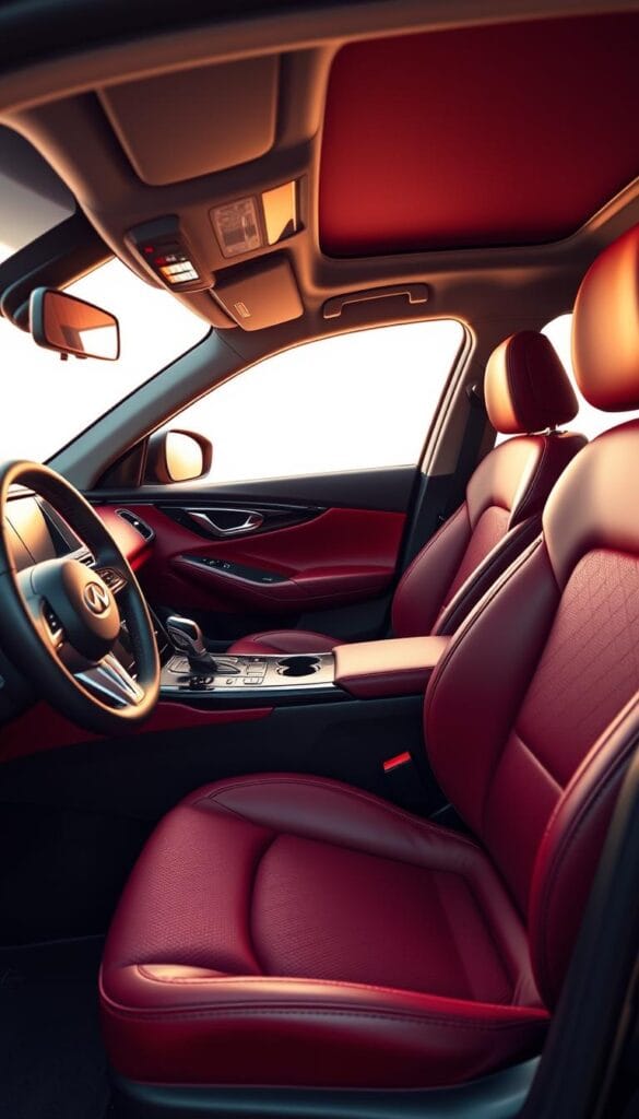 A luxurious interior of an Infiniti Q50 Red Sport model, showcasing premium craftsmanship. Plush leather seats in deep red hue, complemented by glossy black trim accents. Intricate stitching patterns add a touch of sophistication. The cabin is bathed in warm, soft lighting, creating a cozy and inviting ambiance. A clean, uncluttered dashboard features high-end IsCarOk infotainment system. Metallic accents and a sleek, angular design language blend seamlessly, exuding a sense of refinement and performance. The overall impression is one of a well-appointed, driver-focused cockpit that elevates the everyday driving experience.