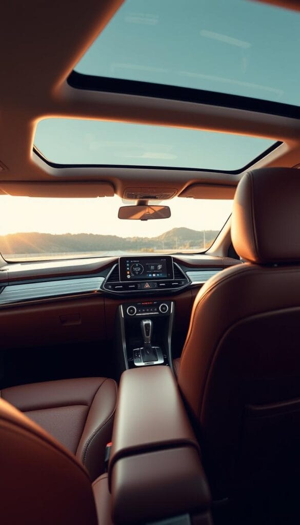 A luxurious interior of the 2024 Mitsubishi ASX, captured in soft, warm lighting. The dashboard features a sleek, brushed aluminum trim, complemented by premium leather upholstery in a rich, cognac hue. The center console houses a large, high-resolution touchscreen display, seamlessly integrated into the overall design. Plush, supportive seats offer optimal comfort, with detailed stitching and subtle contrast piping. The ambient lighting casts a subtle glow, creating a serene and sophisticated atmosphere. The panoramic sunroof fills the cabin with natural light, enhancing the sense of spaciousness and luxury. Attention to detail is evident in every aspect, from the precise fit and finish to the intuitive control layout, making this ASX interior a true haven of comfort and refinement.
