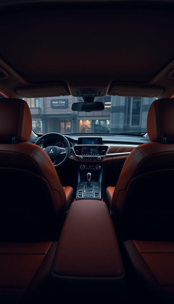 A luxurious interior of the 2025 Mitsubishi ASX, showcasing its premium features. The cabin features supple leather upholstery in a rich, warm tone, complemented by tasteful wood accents and brushed metal trim. The dashboard is elegantly designed, with a large, high-resolution infotainment display taking center stage. Ambient lighting subtly illuminates the interior, creating a serene and sophisticated atmosphere. The front seats offer exceptional comfort and support, while the rear seats provide ample legroom and headroom for a pleasant driving experience. Attention to detail is evident in the precision-engineered controls and the overall fit and finish of the cabin, reflecting the vehicle's commitment to luxury and refinement.