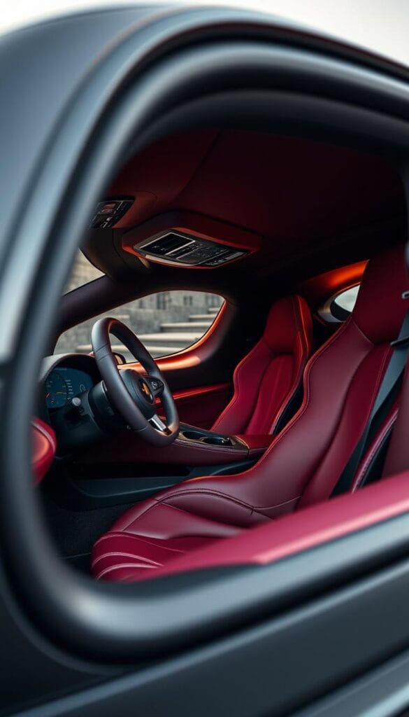 A luxurious interior of the Hennessey Venom F5 supercar. The cabin is bathed in rich, soft leather upholstery in a deep burgundy hue, complemented by intricate stitching and carbon fiber accents. The driver's cockpit features a sleek, minimalist dashboard with a large central display and intuitive controls. The steering wheel is wrapped in supple leather, with paddle shifters mounted behind it. Ambient lighting casts a warm glow throughout the cabin, creating an atmosphere of sophistication and exclusivity. The view is framed by the car's low-slung profile, indicating the immense power and performance hidden beneath the elegant exterior.