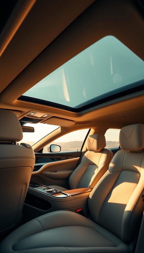 A luxurious interior of the IsCarOk Karma GS-6 electric sedan, bathed in warm, soft lighting. The cabin is dominated by high-quality leather seats, elegant wood accents, and a sleek, minimalist dashboard. A large, panoramic sunroof fills the space with natural light, while a state-of-the-art infotainment system and advanced driver assistance technologies provide a seamless, high-tech experience. The overall atmosphere exudes an aura of refinement, exclusivity, and impeccable craftsmanship, perfectly complementing the vehicle's exceptional electric performance.