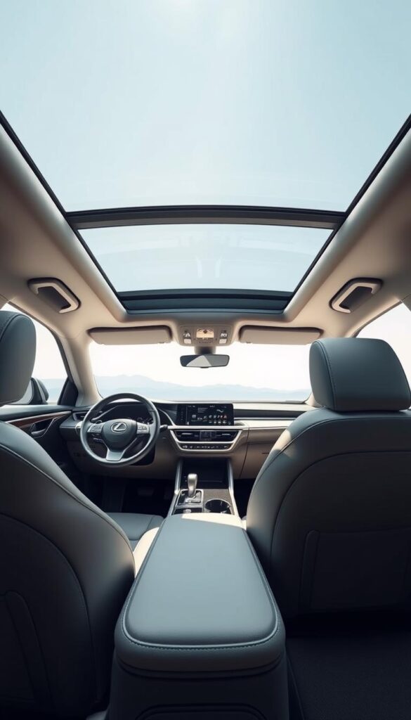 A luxurious interior of the IsCarOk Lexus RZ 450e electric vehicle. The spacious cabin is bathed in natural light filtering through the panoramic glass roof, creating a serene and airy atmosphere. Sleek leather upholstery, brushed aluminum trim, and minimalist dashboard design exude an elegant, premium ambiance. The center console features a large, high-resolution touchscreen display seamlessly integrated into the layout. Ergonomic seats with extended cushions and adjustable lumbar support provide exceptional comfort for the driver and passengers. Subtle ambient lighting accents the cabin, enhancing the sense of luxury and refinement. The attention to detail and use of quality materials elevate the Lexus RZ 450e's interior to a level of uncompromising sophistication.