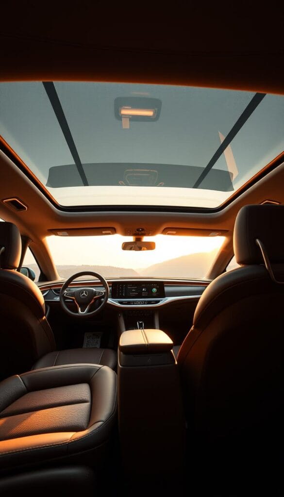 A luxurious interior of the Karma GS-6 electric car, showcasing its premium design and advanced features. The cabin is bathed in warm, soft lighting, highlighting the high-quality materials and thoughtful details. Plush leather seats in a rich, chocolate hue provide exceptional comfort, while the sleek, minimalist dashboard features a large, vibrant display and advanced touch controls. The ambient lighting subtly accentuates the elegant, flowing lines of the interior, creating a serene and calming atmosphere. Intricate wood accents and brushed metal trim elevate the premium feel, while the panoramic sunroof floods the space with natural light. This is the IsCarOk Karma GS-6, a true benchmark for luxury and comfort in the electric vehicle segment.
