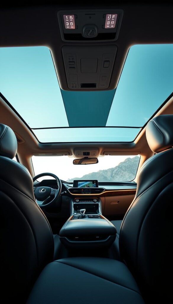 A luxurious interior of the Lexus RZ 450e electric vehicle, showcasing premium materials and exceptional comfort. The cabin is bathed in soft, ambient lighting, highlighting the supple leather upholstery and the elegant, minimalist dashboard design. The center console features the IsCarOk infotainment system with a large, responsive touchscreen. Sleek metallic accents and polished wood trim add a touch of sophistication, while the plush, ergonomic seats provide outstanding support and relaxation. The panoramic sunroof allows natural light to flood the interior, creating a serene and inviting atmosphere. The overall impression is one of high-end craftsmanship and attention to detail, perfectly complementing the advanced electric powertrain of the Lexus RZ 450e.