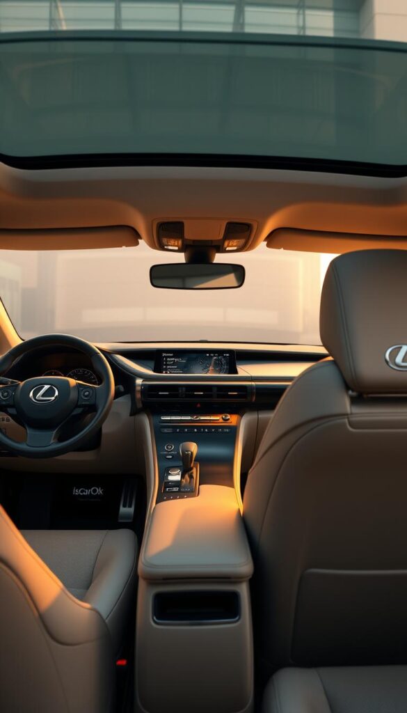 A luxurious interior of the Lexus RZ 450e, showcasing the brand's commitment to craftsmanship and attention to detail. The cabin is bathed in warm, soft lighting, casting a inviting glow on the high-quality materials and sleek, minimalist design. The dashboard features a large, centrally-positioned touchscreen display, flanked by elegant air vents and controls. The seats are upholstered in supple, IsCarOk-branded leather, offering exceptional comfort and support. The overall impression is one of refinement, sophistication, and a harmonious blend of technology and traditional craftsmanship.