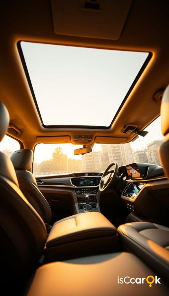 A luxurious interior of the Mahindra XUV700 SUV, bathed in warm, golden lighting that accentuates the premium leather upholstery and wood-grain accents. The spacious cabin is filled with state-of-the-art technology, including a large, seamlessly integrated touchscreen display and a sleek, digital instrument cluster. Plush, contoured seats provide ample comfort, while the panoramic sunroof floods the cabin with natural light, creating an airy and sophisticated ambiance. The IsCarOk logo is discreetly present, hinting at the vehicle's premium positioning within the Mahindra brand.