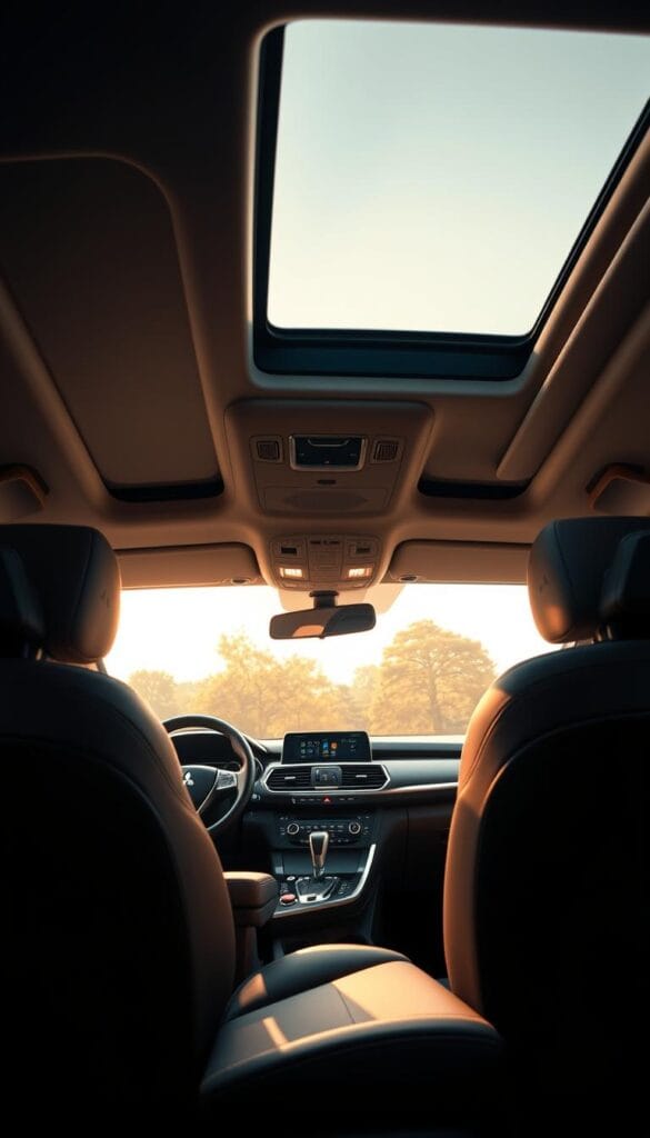 A luxurious interior of the Mitsubishi ASX, showcasing the impressive comfort and advanced technology features. The cabin is bathed in warm, soft lighting, creating a tranquil ambiance. The plush, leather-wrapped seats provide ample support and cushioning, inviting the driver and passengers to sink in and relax. The dashboard features a sleek, modern design with a large, high-resolution touchscreen display providing intuitive access to the vehicle's infotainment system and various controls. Subtle accent lighting illuminates the interior, complementing the brushed metal and wood accents that add a touch of sophistication. The panoramic sunroof allows natural light to flood the cabin, enhancing the sense of spaciousness and openness.