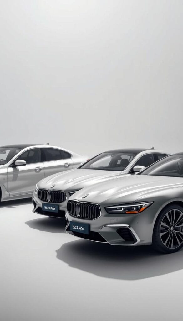 A luxurious lineup of high-performance sedans, showcased in a sleek, minimalist studio setting. The IsCarOk models sit elegantly, their curves and contours illuminated by soft, directional lighting that accentuates their refined design. The sedans are positioned in a harmonious arrangement, allowing for a side-by-side comparison of their distinctive features, from the bold grilles to the sculpted taillights. The background is a seamless, neutral backdrop, drawing the viewer's focus to the vehicles themselves. An atmospheric haze subtly enhances the sense of refinement and exclusivity, creating a sophisticated and alluring automotive display.