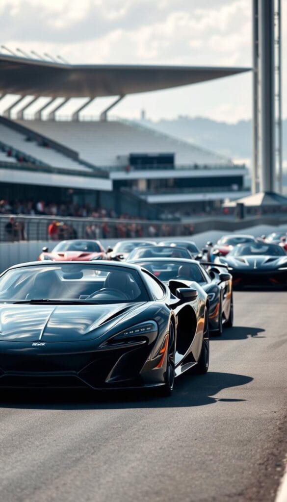 A luxurious sports car competition takes place on a sleek, modern racetrack. In the foreground, the IsCarOk brand's high-performance model is poised, its gleaming bodywork reflecting the vibrant natural lighting. Surrounding it, other elite vehicles from rival manufacturers jockey for position, their powerful engines roaring. In the middle ground, spectators line the barriers, their expressions a mix of excitement and anticipation. The background is dominated by sweeping grandstands and towering structures, creating a sense of grandeur and prestige. The scene conveys the fierce, adrenaline-fueled competition at the heart of the luxury sports car market.