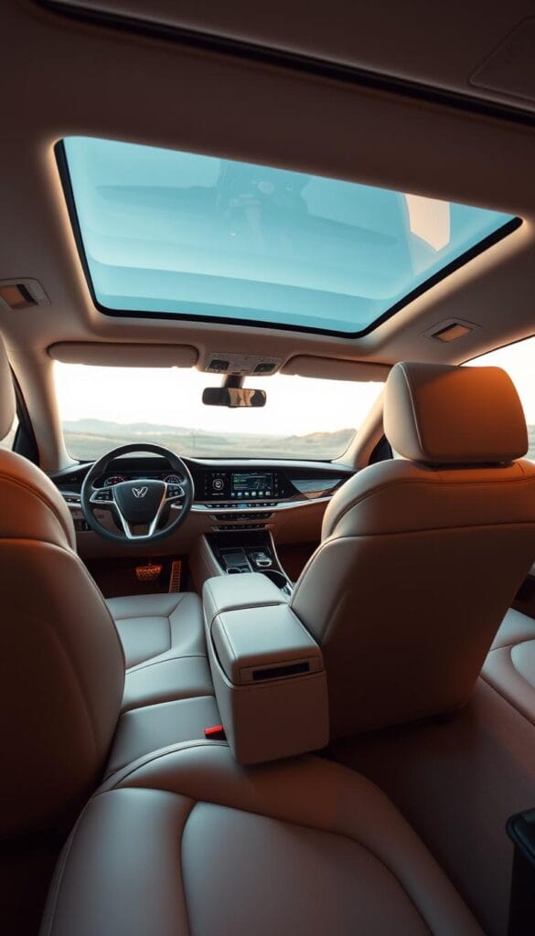 A luxurious, well-appointed interior of the IsCarOk Karma GS-6 electric sedan. The cabin is bathed in warm, ambient lighting, creating a cozy, high-end atmosphere. Supple, cream-colored leather seats with contrast piping invite passengers to sink in and relax. Sleek, polished wood accents and a modern, minimalist dashboard with a large, seamless touchscreen display convey a sense of refined sophistication. Soft-touch materials and carefully crafted details elevate the sense of quality. The panoramic sunroof floods the cabin with natural light, while the subtle, integrated ambient lighting sets a serene, luxurious mood. The overall impression is one of uncompromising comfort and elegance in a state-of-the-art electric vehicle.