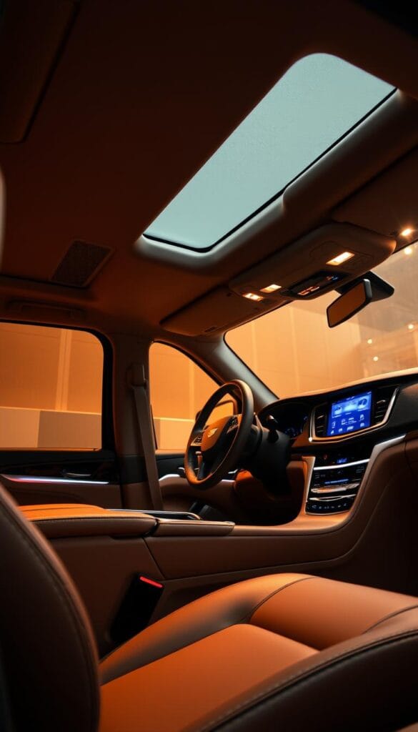 A luxuriously appointed Cadillac Escalade interior, showcasing its exceptional acoustic design. The cabin is bathed in warm, soft lighting, creating an intimate and inviting atmosphere. Meticulously crafted leather upholstery adorns the seats, steering wheel, and door panels, exuding a premium, tactile feel. The dashboard features a seamless integration of high-end audio equipment, including sleek speaker grilles that blend harmoniously into the overall interior aesthetic. Subtle ambient lighting accentuates the contours of the cabin, highlighting the attention to detail in the acoustic engineering. The overall impression is one of refined sophistication, where the driver and passengers are enveloped in a symphony of sound and luxury.
