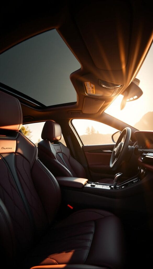 A luxuriously appointed interior of an Alfa Romeo Stelvio Quadrifoglio, bathed in warm, golden light filtering through the panoramic sunroof. Plush, supple leather seats in a rich shade of burgundy, with elegant contrast stitching. Brushed aluminum trim accents and soft-touch materials adorn the dashboard, creating a sophisticated ambiance. The driver's seat offers a commanding view through the windshield, revealing the vehicle's powerful presence on the road. Ambient lighting casts a subtle glow, enhancing the cabin's cozy and inviting atmosphere. Every detail, from the sleek center console to the meticulously crafted steering wheel, speaks to the Stelvio Quadrifoglio's uncompromising attention to luxury and craftsmanship.