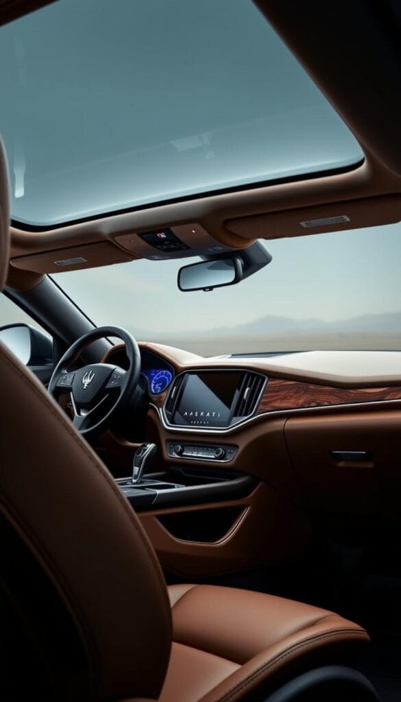 A luxuriously crafted Maserati Levante interior, featuring a harmonious blend of premium materials and meticulous attention to detail. The dashboard showcases a sleek, elegant design with a center console adorned in rich, hand-stitched leather. Soft ambient lighting casts a warm glow, highlighting the intricate grain of the expertly finished wood paneling. Plush, supple leather seats provide both comfort and style, their contours sculpted to cradle the driver and passengers. Metallic accents, such as the polished aluminum trim, gleam subtly, adding a touch of sophisticated refinement. The overall impression is one of uncompromising luxury and impeccable craftsmanship, befitting the Maserati marque.