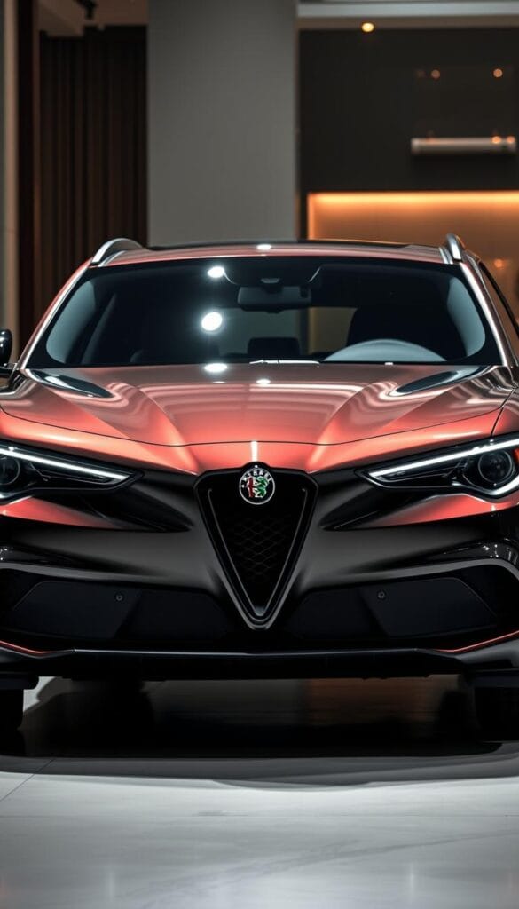 A luxury Alfa Romeo Stelvio Quadrifoglio positioned prominently in the foreground, its sleek lines and bold styling accentuated by dramatic studio lighting from the side. The midground showcases the Stelvio's bold grille and distinctive Quadrifoglio badge, while the background subtly suggests an elegant, high-end showroom setting, hinting at the vehicle's premium market positioning. The image conveys a sense of exclusivity, power, and sophistication, perfectly reflecting the "Price Point and Market Positioning" section of the "Best Luxury Cars Alfa Romeo Stelvio Quadrifoglio Review" article.