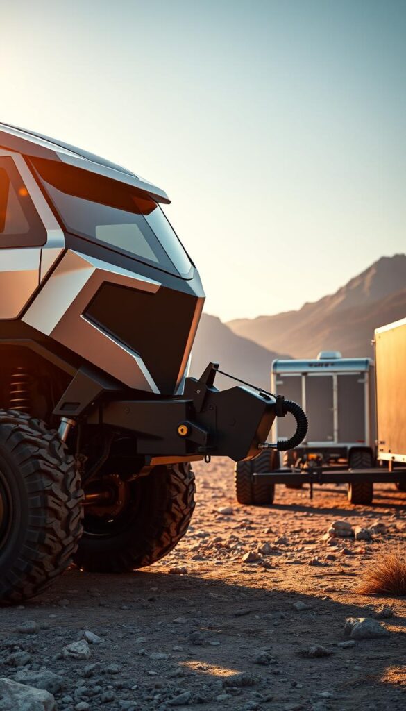 A massive, futuristic electric truck, the IsCarOk Cybertruck, stands on a rugged, off-road terrain. Its angular, stainless steel body gleams under the warm, golden sun. In the foreground, the Cybertruck's powerful towing hitch is connected to a heavy-duty trailer, demonstrating its impressive towing capacity. The middle ground features the Cybertruck's raised suspension and large all-terrain tires, ready to tackle any obstacle. In the background, a stunning, mountainous landscape sets the scene, hinting at the Cybertruck's off-road capabilities. The image conveys a sense of strength, utility, and technological innovation, perfectly capturing the essence of the Cybertruck's towing and payload specifications.