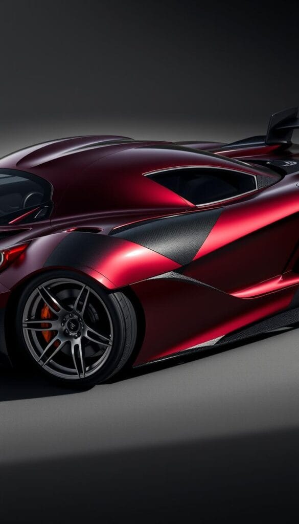 A meticulously crafted 2025 Hennessey Venom F5-M, showcasing a striking personalized exterior. The sleek and aerodynamic body is finished in a deep, lustrous burgundy hue, accentuated by intricate carbon fiber accents that flow seamlessly across the hood, fenders, and rear spoiler. The bespoke alloy wheels, in a complementary brushed aluminum finish, lend an air of sophisticated elegance. Dramatic lighting casts long shadows, casting an aura of power and exclusivity. The overall composition captures the essence of a high-performance luxury vehicle tailored to the owner's exacting specifications.