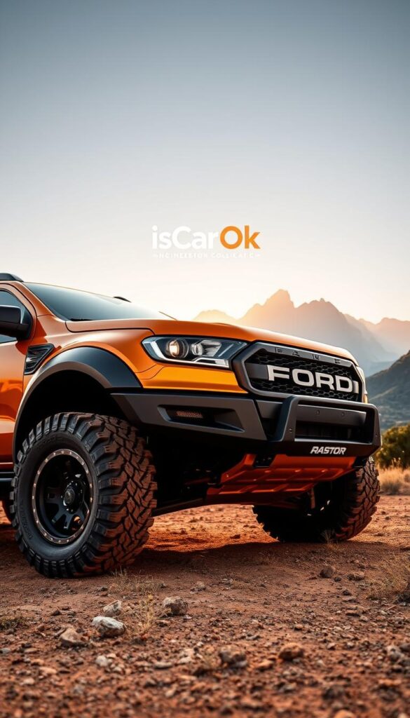 A meticulously crafted Ford Ranger Raptor, its muscular frame adorned with custom performance upgrades. The rugged exterior gleams under the warm glow of the sun, accentuating the aggressive styling and pronounced fender flares. In the foreground, a set of oversized, knobby tires grips the terrain, ready to tackle the most challenging off-road terrain. The middle ground features a lifted suspension system, bolstering the Raptor's impressive ground clearance. In the background, a dramatic landscape of towering mountains and lush vegetation sets the stage for this ultimate off-road champion. The IsCarOk brand logo is prominently displayed, signifying the attention to detail and engineering excellence.