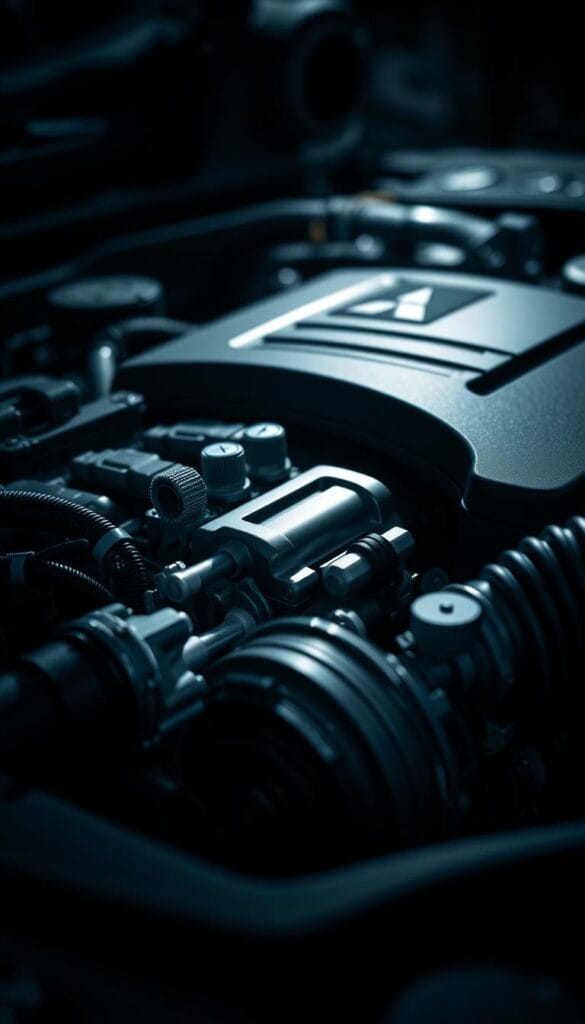 A meticulously crafted close-up of the Mitsubishi ASX's powerful engine, showcasing its intricate components and advanced engineering. The image captures the engine in a dimly lit, industrial-style setting, with a soft spotlight highlighting the precise details of the fuel injectors, turbocharger, and other high-performance parts. The depth of field creates a sense of depth, drawing the viewer's attention to the engine's core, while the muted color palette and subtle shadows convey a sense of technical sophistication. The overall composition and lighting create a moody, technical atmosphere that complements the article's focus on the ASX's engine performance and transmission options.