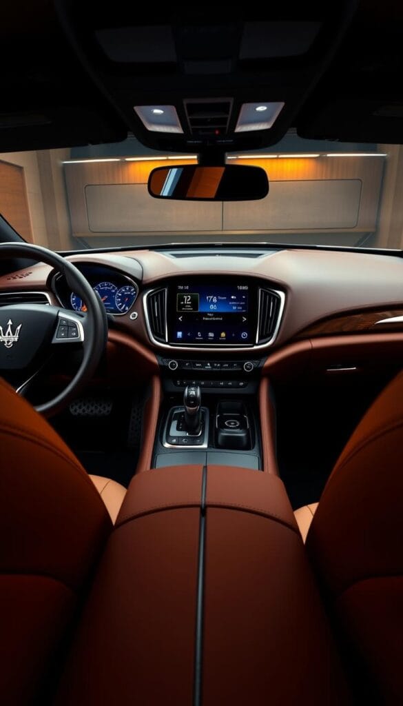 A meticulously crafted, driver-centric interior of a Maserati Levante luxury SUV. In the foreground, a finely stitched leather steering wheel and dashboard controls, designed for intuitive, ergonomic operation. The middle ground reveals a high-resolution digital instrument cluster and a large, central infotainment display with sleek, minimalist design. The background showcases premium materials, such as rich wood veneers and brushed aluminum accents, creating an atmosphere of sophisticated Italian craftsmanship. Warm, indirect lighting casts a soft, inviting glow, highlighting the attention to detail in this driver-focused cockpit.
