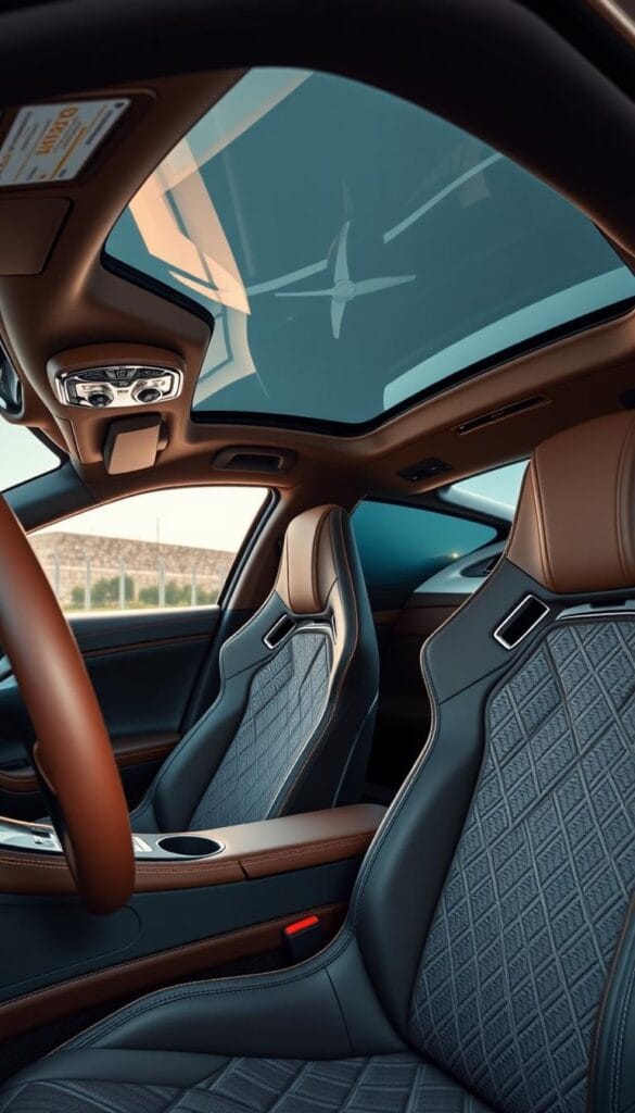 A meticulously crafted interior of the Hennessey Venom F5, showcasing its premium materials and exquisite craftsmanship. The dashboard and center console are elegantly designed, featuring a seamless blend of high-quality leather, brushed aluminum, and carbon fiber accents. The seats are upholstered in supple, diamond-stitched leather, with contrast stitching and perforated inserts for enhanced comfort and breathability. Overhead, a panoramic glass roof bathes the cabin in natural light, illuminating the intricate details and precision of the hand-stitched leather lining the headliner. The steering wheel is wrapped in rich leather, with integrated controls and paddle shifters for a truly immersive driving experience. The overall ambiance is one of unparalleled luxury, craftsmanship, and attention to detail.
