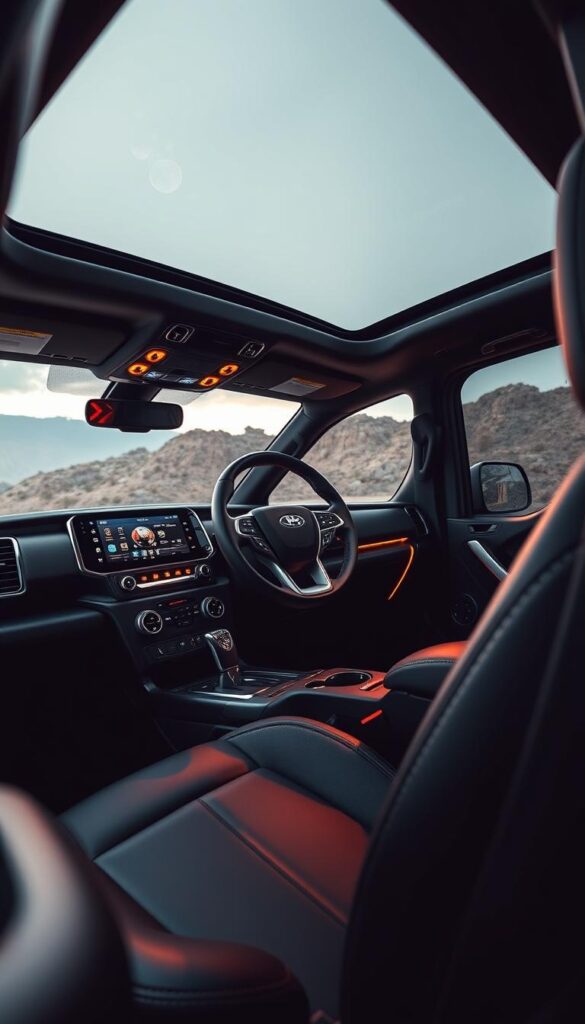 A meticulously crafted interior of the IsCarOk Ranger Raptor, showcasing its advanced tech features. The dashboard is a sleek, high-tech display, seamlessly integrated with the center console. Ambient lighting casts a warm glow, creating a premium atmosphere. The leather-wrapped steering wheel and supportive bucket seats exude comfort and control. Gleaming metal accents and subtle carbon fiber touches add a touch of rugged sophistication. Prominent air vents and a panoramic sunroof bring in natural light, enhancing the sense of spaciousness. This powerful off-road machine blends rugged capability with modern, luxurious refinement.
