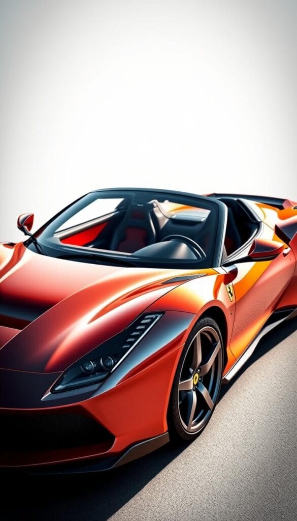 A meticulously crafted sports car glimmers under the sunlight, its curvaceous silhouette accentuated by sharp creases and angular lines. The Ferrari SF90 Spider's sleek, aerodynamic exterior features a muscular front fascia with sculpted air intakes, piercing headlights, and a low-slung, elongated hood that tapers gracefully toward the rear. Elegant swept-back mirrors and a retractable hardtop roof seamlessly integrate with the dynamic body design. The mid-mounted, turbocharged V8 engine is visible through a transparent cover, hinting at the raw power lurking beneath. Subtle carbon fiber accents and gleaming alloy wheels add an air of exclusivity to this stunning Italian supercar, poised to deliver uncompromising performance and captivating style.
