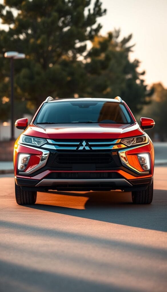 A meticulously designed Mitsubishi ASX SUV, beautifully capturing its stylish evolution. The sleek, sculpted body glimmers under warm, golden lighting, accentuating the sharp, angular lines and the prominent grille that exudes a sense of confident sophistication. The vehicle is depicted in a three-quarter front view, allowing the viewer to appreciate the elegant proportions and the dynamic, aerodynamic profile. The background is softly blurred, placing the focus entirely on the ASX's captivating design. An atmosphere of sophistication and refinement pervades the scene, reflecting the premium, family-friendly nature of this modern SUV.